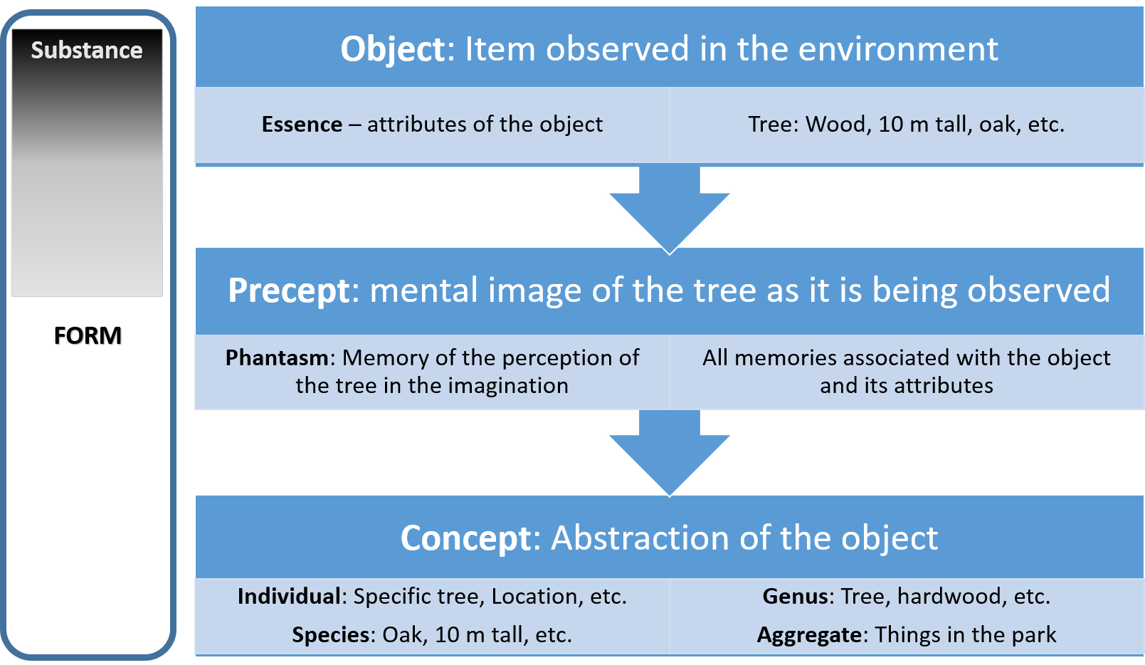 Diagram of how observation becomes symbolic language from object through concept