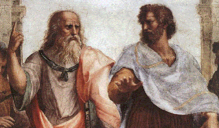Plato pointing upward and Aristotle gesturing toward the earth, representing form and substance